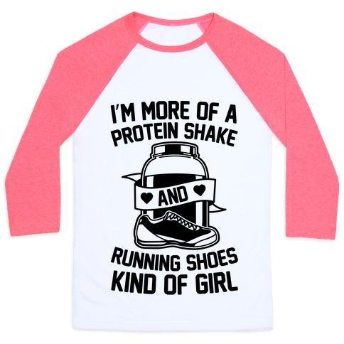 Virgin Teez  Baseball Tee Unisex Classic Baseball Tee / x-small / White/Neon Pink I'M MORE OF A PROTEIN SHAKE AND RUNNING SHOES KINDA OF GIRL UNISEX CLASSIC BASEBALL TEE