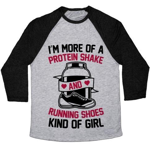 Virgin Teez  Baseball Tee Unisex Tri-Blend Baseball Tee / small / Athletic Gray / Black I'M MORE OF A PROTEIN SHAKE AND RUNNING SHOES KINDA OF GIRL UNISEX TRI-BLEND BASEBALL TEE