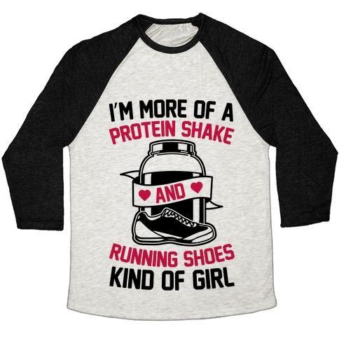 Virgin Teez  Baseball Tee Unisex Tri-Blend Baseball Tee / small / Oatmeal / Black I'M MORE OF A PROTEIN SHAKE AND RUNNING SHOES KINDA OF GIRL UNISEX TRI-BLEND BASEBALL TEE
