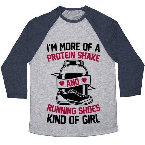 Virgin Teez  Baseball Tee Unisex Tri-Blend Baseball Tee / small / Athletic Gray / Navy I'M MORE OF A PROTEIN SHAKE AND RUNNING SHOES KINDA OF GIRL UNISEX TRI-BLEND BASEBALL TEE