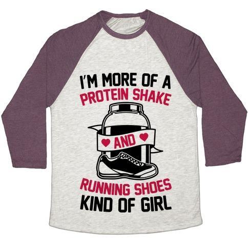Virgin Teez  Baseball Tee Unisex Tri-Blend Baseball Tee / small / Oatmeal / Maroon I'M MORE OF A PROTEIN SHAKE AND RUNNING SHOES KINDA OF GIRL UNISEX TRI-BLEND BASEBALL TEE