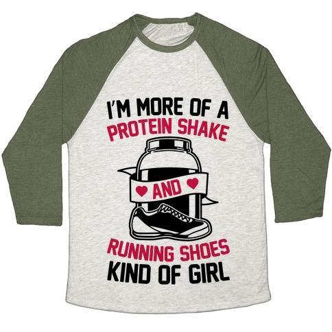 Virgin Teez  Baseball Tee Unisex Tri-Blend Baseball Tee / small / Oatmeal / Moss I'M MORE OF A PROTEIN SHAKE AND RUNNING SHOES KINDA OF GIRL UNISEX TRI-BLEND BASEBALL TEE