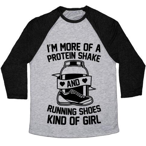 Virgin Teez  Baseball Tee Unisex Tri-Blend Baseball Tee / small / Athletic Gray / Black I'M MORE OF A PROTEIN SHAKE AND RUNNING SHOES KINDA OF GIRL UNISEX TRI-BLEND BASEBALL TEE