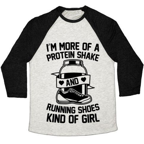Virgin Teez  Baseball Tee Unisex Tri-Blend Baseball Tee / small / Oatmeal / Black I'M MORE OF A PROTEIN SHAKE AND RUNNING SHOES KINDA OF GIRL UNISEX TRI-BLEND BASEBALL TEE