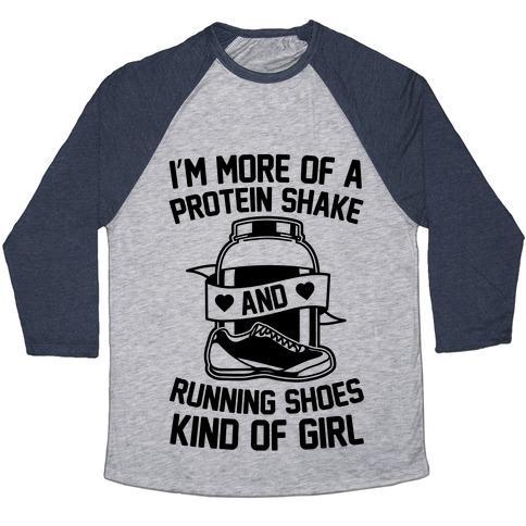 Virgin Teez  Baseball Tee Unisex Tri-Blend Baseball Tee / small / Athletic Gray / Navy I'M MORE OF A PROTEIN SHAKE AND RUNNING SHOES KINDA OF GIRL UNISEX TRI-BLEND BASEBALL TEE
