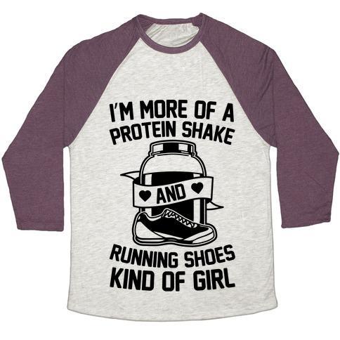 Virgin Teez  Baseball Tee Unisex Tri-Blend Baseball Tee / small / Oatmeal / Maroon I'M MORE OF A PROTEIN SHAKE AND RUNNING SHOES KINDA OF GIRL UNISEX TRI-BLEND BASEBALL TEE