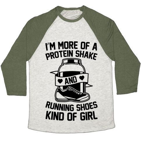 Virgin Teez  Baseball Tee Unisex Tri-Blend Baseball Tee / small / Oatmeal / Moss I'M MORE OF A PROTEIN SHAKE AND RUNNING SHOES KINDA OF GIRL UNISEX TRI-BLEND BASEBALL TEE
