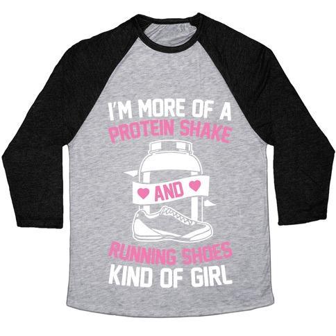 Virgin Teez  Baseball Tee Unisex Tri-Blend Baseball Tee / small / Athletic Gray / Black I'M MORE OF A PROTEIN SHAKE AND RUNNING SHOES KINDA OF GIRL UNISEX TRI-BLEND BASEBALL TEE