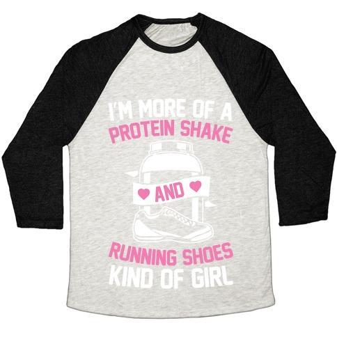 Virgin Teez  Baseball Tee Unisex Tri-Blend Baseball Tee / small / Oatmeal / Black I'M MORE OF A PROTEIN SHAKE AND RUNNING SHOES KINDA OF GIRL UNISEX TRI-BLEND BASEBALL TEE