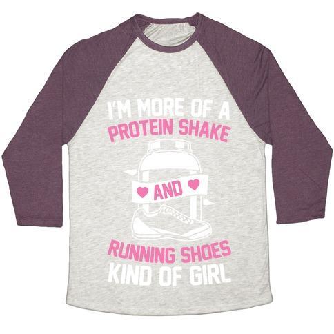 Virgin Teez  Baseball Tee Unisex Tri-Blend Baseball Tee / small / Oatmeal / Maroon I'M MORE OF A PROTEIN SHAKE AND RUNNING SHOES KINDA OF GIRL UNISEX TRI-BLEND BASEBALL TEE