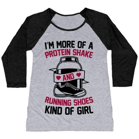 Virgin Teez  Baseball Tee Women's Tri-Blend Baseball Tee / small / Athletic Gray / Black I'M MORE OF A PROTEIN SHAKE AND RUNNING SHOES KINDA OF GIRL WOMEN'S TRI-BLEND BASEBALL TEE