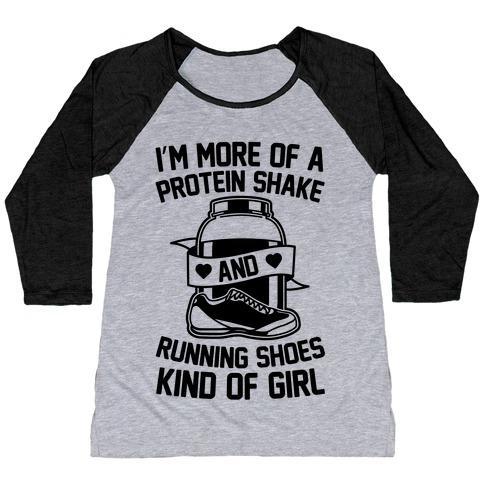 Virgin Teez  Baseball Tee Women's Tri-Blend Baseball Tee / small / Athletic Gray / Black I'M MORE OF A PROTEIN SHAKE AND RUNNING SHOES KINDA OF GIRL WOMEN'S TRI-BLEND BASEBALL TEE