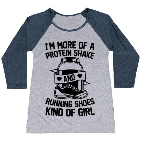 Virgin Teez  Baseball Tee Women's Tri-Blend Baseball Tee / small / Athletic Gray / Navy I'M MORE OF A PROTEIN SHAKE AND RUNNING SHOES KINDA OF GIRL WOMEN'S TRI-BLEND BASEBALL TEE