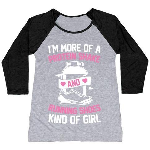 Virgin Teez  Baseball Tee Women's Tri-Blend Baseball Tee / small / Athletic Gray / Black I'M MORE OF A PROTEIN SHAKE AND RUNNING SHOES KINDA OF GIRL WOMEN'S TRI-BLEND BASEBALL TEE