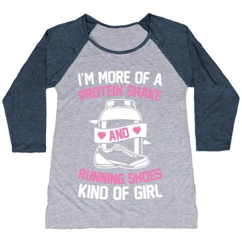 Virgin Teez  Baseball Tee Women's Tri-Blend Baseball Tee / small / Athletic Gray / Navy I'M MORE OF A PROTEIN SHAKE AND RUNNING SHOES KINDA OF GIRL WOMEN'S TRI-BLEND BASEBALL TEE