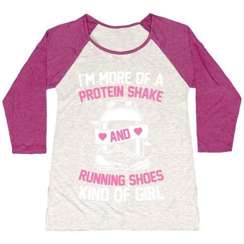 Virgin Teez  Baseball Tee Women's Tri-Blend Baseball Tee / small / Oatmeal / Berry I'M MORE OF A PROTEIN SHAKE AND RUNNING SHOES KINDA OF GIRL WOMEN'S TRI-BLEND BASEBALL TEE