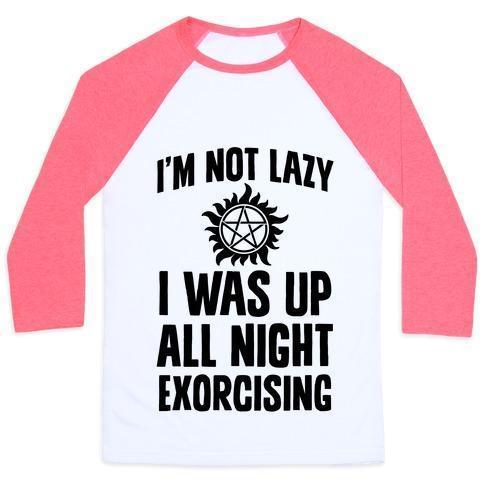 Virgin Teez  Baseball Tee Unisex Classic Baseball Tee / x-small / White/Neon Pink I'M NOT LAZY, I WAS UP ALL NIGHT EXORCISING UNISEX CLASSIC BASEBALL TEE