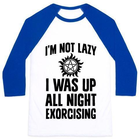 Virgin Teez  Baseball Tee Unisex Classic Baseball Tee / x-small / White/Blue I'M NOT LAZY, I WAS UP ALL NIGHT EXORCISING UNISEX CLASSIC BASEBALL TEE