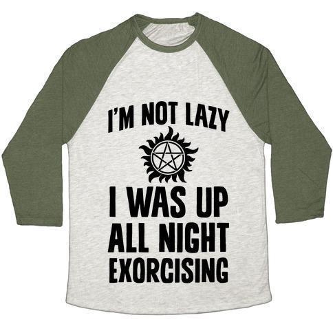 Virgin Teez  Baseball Tee Unisex Tri-Blend Baseball Tee / small / Oatmeal / Moss I'M NOT LAZY, I WAS UP ALL NIGHT EXORCISING UNISEX TRI-BLEND BASEBALL TEE