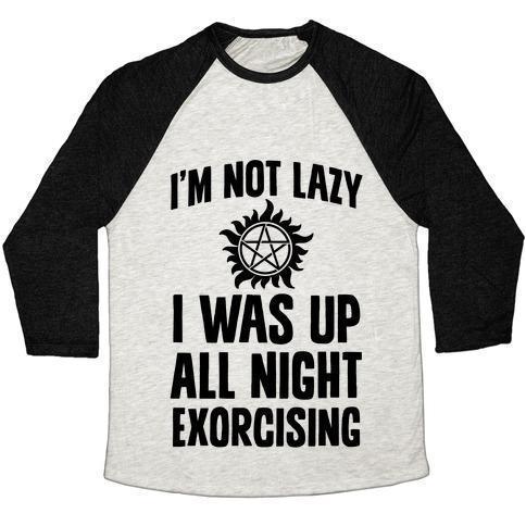 Virgin Teez  Baseball Tee Unisex Tri-Blend Baseball Tee / small / Oatmeal / Black I'M NOT LAZY, I WAS UP ALL NIGHT EXORCISING UNISEX TRI-BLEND BASEBALL TEE