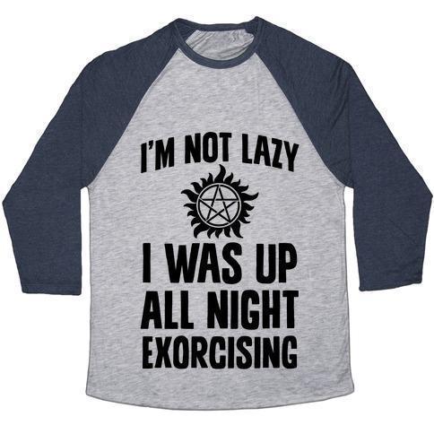 Virgin Teez  Baseball Tee Unisex Tri-Blend Baseball Tee / small / Athletic Gray / Navy I'M NOT LAZY, I WAS UP ALL NIGHT EXORCISING UNISEX TRI-BLEND BASEBALL TEE