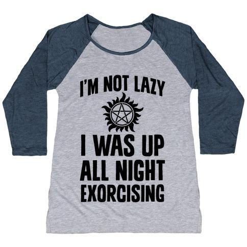 Virgin Teez  Baseball Tee Women's Tri-Blend Baseball Tee / small / Athletic Gray / Navy I'M NOT LAZY, I WAS UP ALL NIGHT EXORCISING WOMEN'S TRI-BLEND BASEBALL TEE