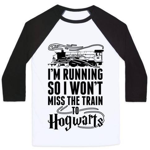 Virgin Teez  Baseball Tee Unisex Classic Baseball Tee / x-small / White/Black I'M RUNNING SO I WON'T MISS THE TRAIN TO HOGWARTS UNISEX CLASSIC BASEBALL TEE