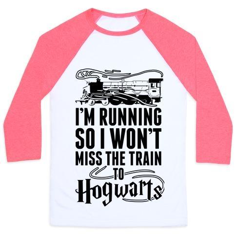 Virgin Teez  Baseball Tee Unisex Classic Baseball Tee / x-small / White/Neon Pink I'M RUNNING SO I WON'T MISS THE TRAIN TO HOGWARTS UNISEX CLASSIC BASEBALL TEE