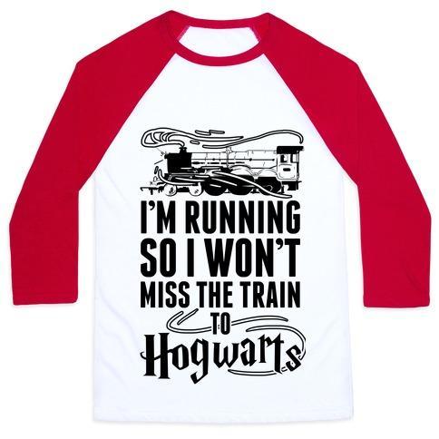 Virgin Teez  Baseball Tee Unisex Classic Baseball Tee / x-small / White/Red I'M RUNNING SO I WON'T MISS THE TRAIN TO HOGWARTS UNISEX CLASSIC BASEBALL TEE