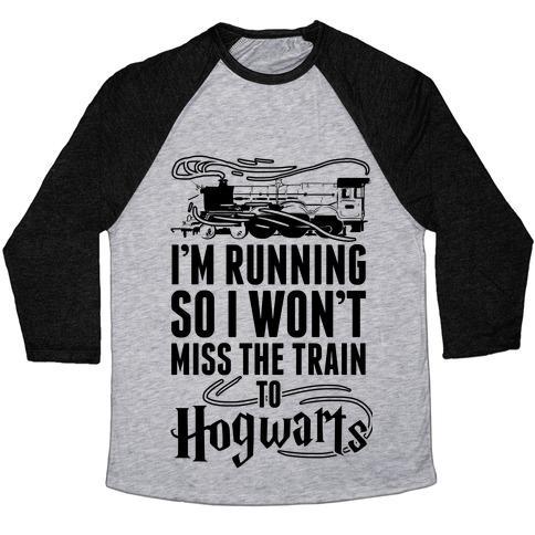 Virgin Teez  Baseball Tee Unisex Tri-Blend Baseball Tee / small / Athletic Gray / Black I'M RUNNING SO I WON'T MISS THE TRAIN TO HOGWARTS UNISEX TRI-BLEND BASEBALL TEE