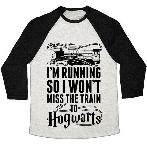 Virgin Teez  Baseball Tee Unisex Tri-Blend Baseball Tee / small / Oatmeal / Black I'M RUNNING SO I WON'T MISS THE TRAIN TO HOGWARTS UNISEX TRI-BLEND BASEBALL TEE
