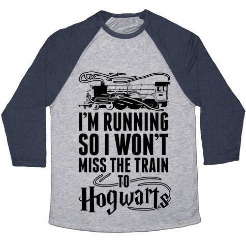 Virgin Teez  Baseball Tee Unisex Tri-Blend Baseball Tee / small / Athletic Gray / Navy I'M RUNNING SO I WON'T MISS THE TRAIN TO HOGWARTS UNISEX TRI-BLEND BASEBALL TEE