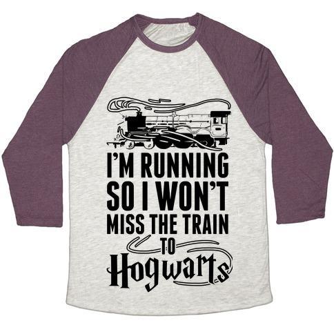 Virgin Teez  Baseball Tee Unisex Tri-Blend Baseball Tee / small / Oatmeal / Maroon I'M RUNNING SO I WON'T MISS THE TRAIN TO HOGWARTS UNISEX TRI-BLEND BASEBALL TEE