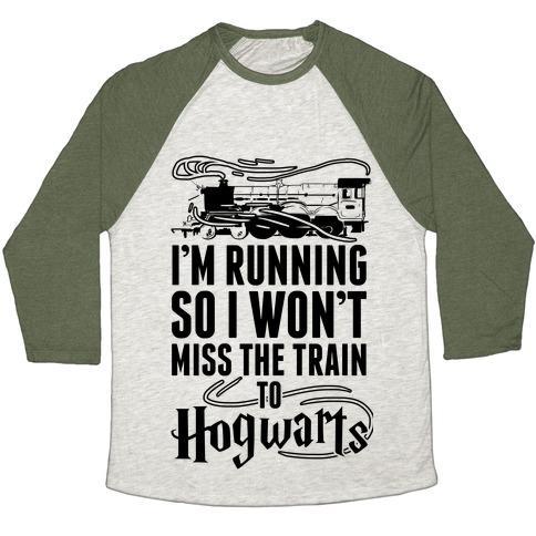 Virgin Teez  Baseball Tee Unisex Tri-Blend Baseball Tee / small / Oatmeal / Moss I'M RUNNING SO I WON'T MISS THE TRAIN TO HOGWARTS UNISEX TRI-BLEND BASEBALL TEE