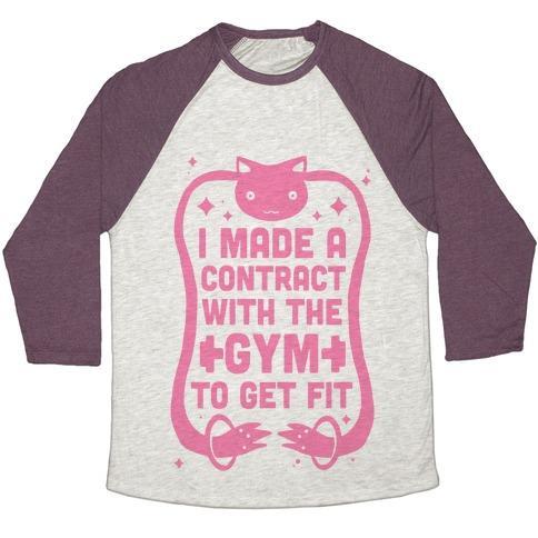 Virgin Teez  Baseball Tee Unisex Tri-Blend Baseball Tee / small / Oatmeal / Maroon I MADE A CONTRACT WITH THE GYM TO GET FIT UNISEX TRI-BLEND BASEBALL TEE