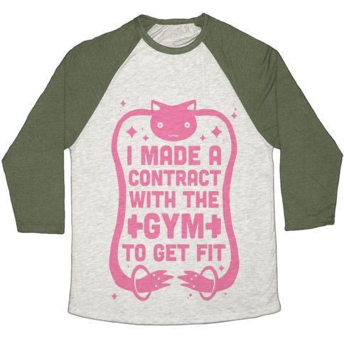 Virgin Teez  Baseball Tee Unisex Tri-Blend Baseball Tee / small / Oatmeal / Moss I MADE A CONTRACT WITH THE GYM TO GET FIT UNISEX TRI-BLEND BASEBALL TEE