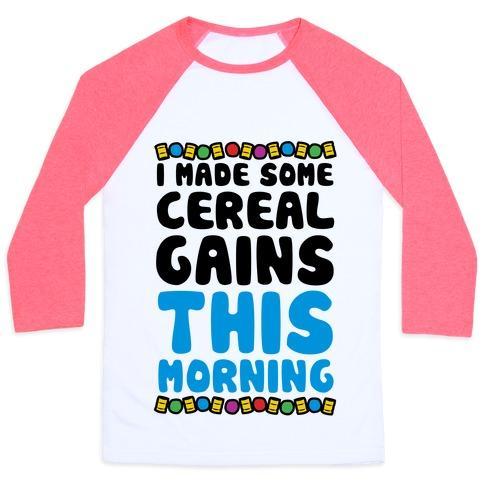 Virgin Teez  Baseball Tee Unisex Classic Baseball Tee / x-small / White/Neon Pink I MADE SOME CEREAL GAINS THIS MORNING UNISEX CLASSIC BASEBALL TEE