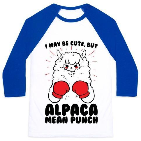 Virgin Teez  Baseball Tee Unisex Classic Baseball Tee / x-small / White/Blue I MAY BE CUTE BUT ALPACA MEAN PUNCH! UNISEX CLASSIC BASEBALL TEE