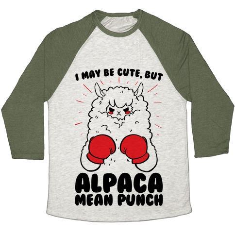Virgin Teez  Baseball Tee Unisex Tri-Blend Baseball Tee / small / Oatmeal / Moss I MAY BE CUTE BUT ALPACA MEAN PUNCH! UNISEX TRI-BLEND BASEBALL TEE