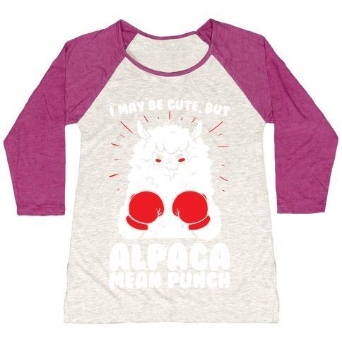 Virgin Teez  Baseball Tee Women's Tri-Blend Baseball Tee / small / Oatmeal / Berry I MAY BE CUTE BUT ALPACA MEAN PUNCH! WOMEN'S TRI-BLEND BASEBALL TEE