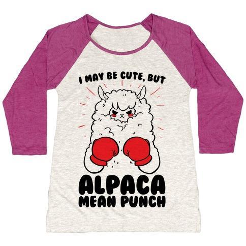Virgin Teez  Baseball Tee Women's Tri-Blend Baseball Tee / small / Oatmeal / Berry I MAY BE CUTE BUT ALPACA MEAN PUNCH! WOMEN'S TRI-BLEND BASEBALL TEE