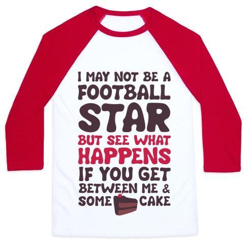 Virgin Teez  Baseball Tee Unisex Classic Baseball Tee / x-small / White/Red I MAY NOT BE A FOOTBALL STAR (BUT DON'T GET BETWEEN ME AND CAKE) UNISEX CLASSIC BASEBALL TEE