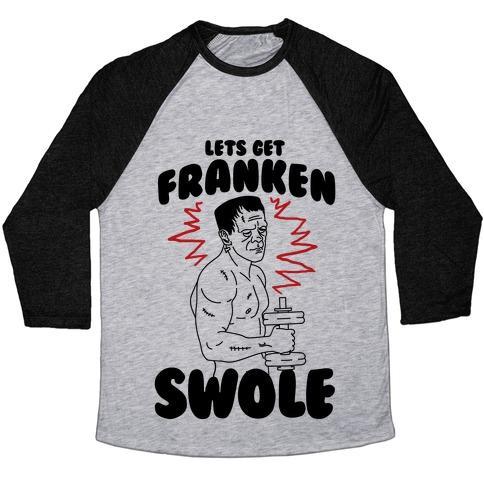 Virgin Teez  Baseball Tee Unisex Tri-Blend Baseball Tee / small / Athletic Gray / Black LET'S GET FRANKEN-SWOLE UNISEX TRI-BLEND BASEBALL TEE