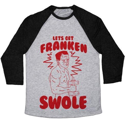 Virgin Teez  Baseball Tee Unisex Tri-Blend Baseball Tee / small / Athletic Gray / Black LET'S GET FRANKEN-SWOLE UNISEX TRI-BLEND BASEBALL TEE
