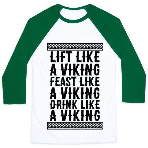 Virgin Teez  Baseball Tee Unisex Classic Baseball Tee / x-small / White/Dark Green LIFT, FEAST, DRINK LIKE A VIKING UNISEX CLASSIC BASEBALL TEE