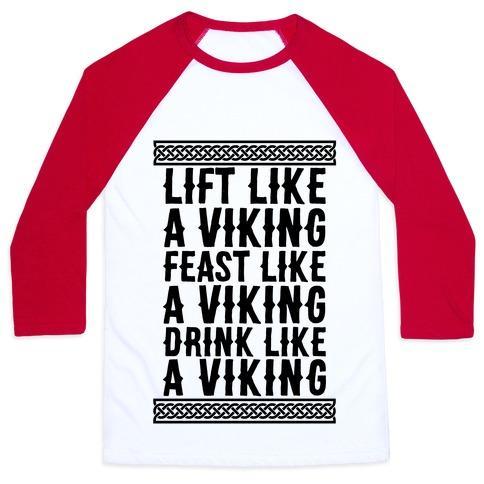 Virgin Teez  Baseball Tee Unisex Classic Baseball Tee / x-small / White/Red LIFT, FEAST, DRINK LIKE A VIKING UNISEX CLASSIC BASEBALL TEE