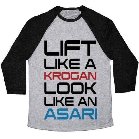 Virgin Teez  Baseball Tee Unisex Tri-Blend Baseball Tee / small / Athletic Gray / Black LIFT LIKE A KROGAN LOOK LIKE AN ASARI UNISEX TRI-BLEND BASEBALL TEE