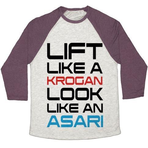 Virgin Teez  Baseball Tee Unisex Tri-Blend Baseball Tee / small / Oatmeal / Maroon LIFT LIKE A KROGAN LOOK LIKE AN ASARI UNISEX TRI-BLEND BASEBALL TEE