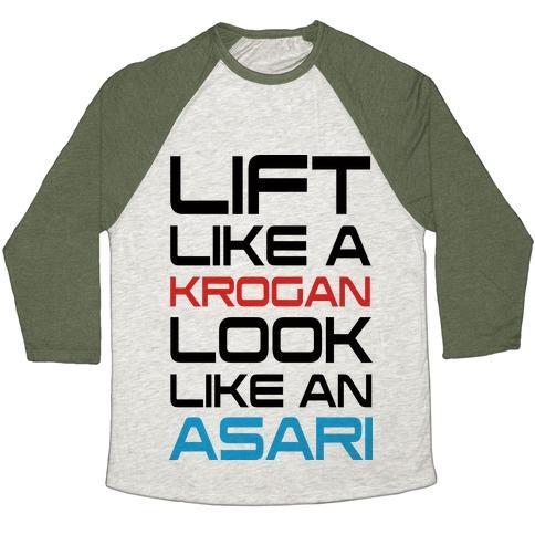 Virgin Teez  Baseball Tee Unisex Tri-Blend Baseball Tee / small / Oatmeal / Moss LIFT LIKE A KROGAN LOOK LIKE AN ASARI UNISEX TRI-BLEND BASEBALL TEE