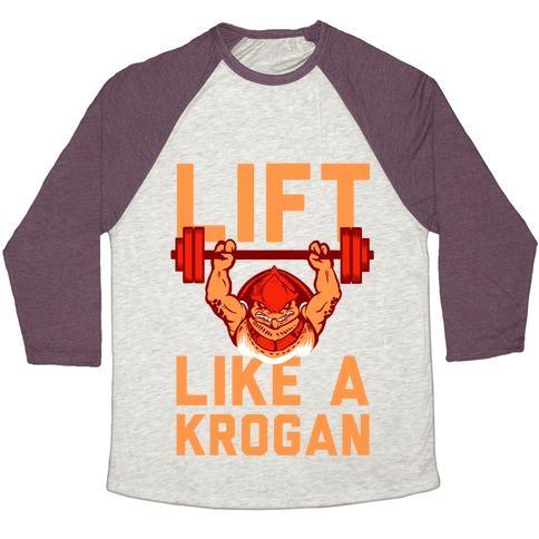 Virgin Teez  Baseball Tee Unisex Tri-Blend Baseball Tee / small / Oatmeal / Maroon LIFT LIKE A KROGAN UNISEX TRI-BLEND BASEBALL TEE